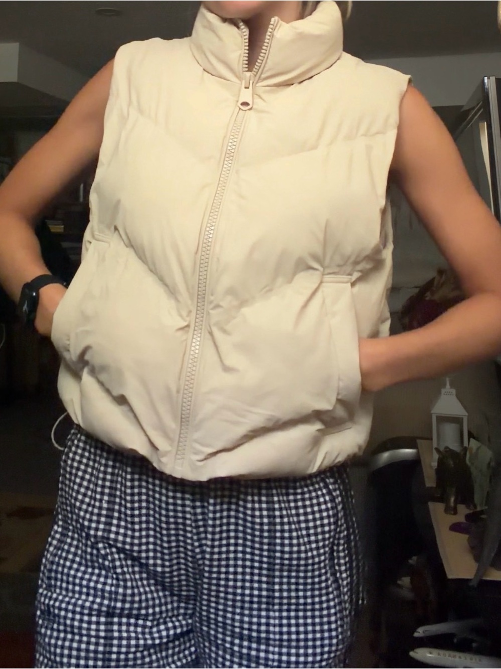 Zara Cream Beige Quilted Puffer Vest with High Collar Padded Gilet Cropped XS